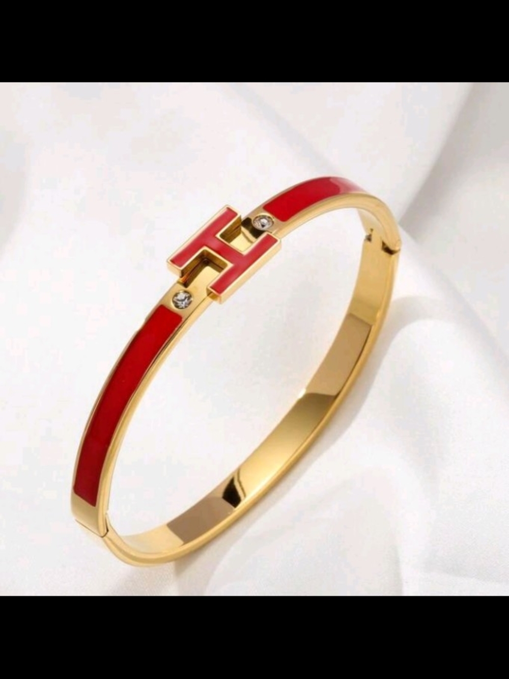 Gold Tone -Plated Red Enamel H-Accent Bangle Bracelet